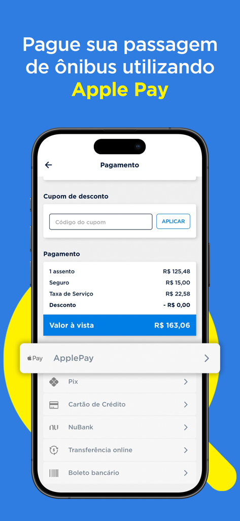 Écran de paiement de l'application Quero Passagem affichant Apple Pay et d'autres méthodes de paiement pour les billets de bus