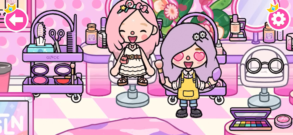 Zwei Cartoon-Charaktere in einem farbenfrohen Beauty-Salon und Make-up-Spa im Prinzessinnen-Thema