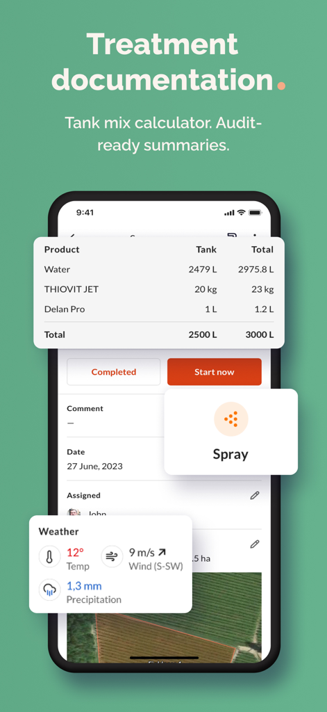 Interface of the Farmable app showing treatment documentation with a tank mix calculator and weather data for orchard management