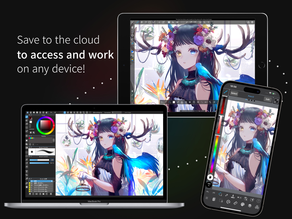 MediBang Paint – Drawing & Art - Digital anime art synced across a laptop tablet and smartphone using MediBang Paint cloud storage