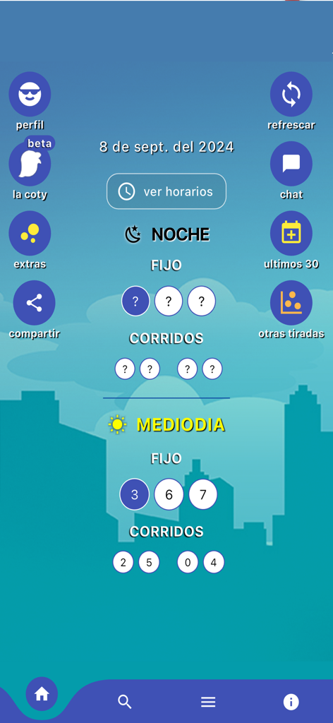 Panel principal de la aplicación La Bolita Cubana que muestra los resultados de la lotería del mediodía y de la noche con iconos para la charada y las estadísticas