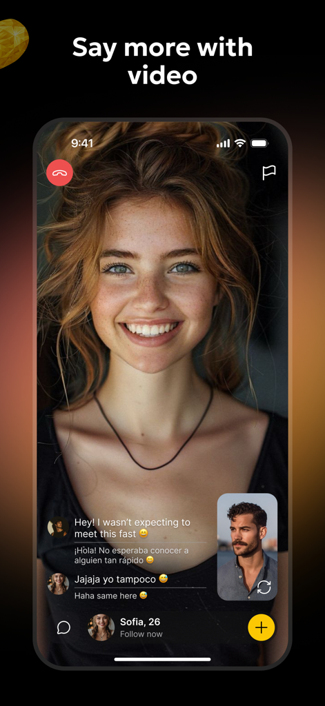 Lola: Live Video Chat, Explore - Interfaz de chat de video en vivo de la aplicación Lola con traducción de texto en tiempo real entre dos usuarios