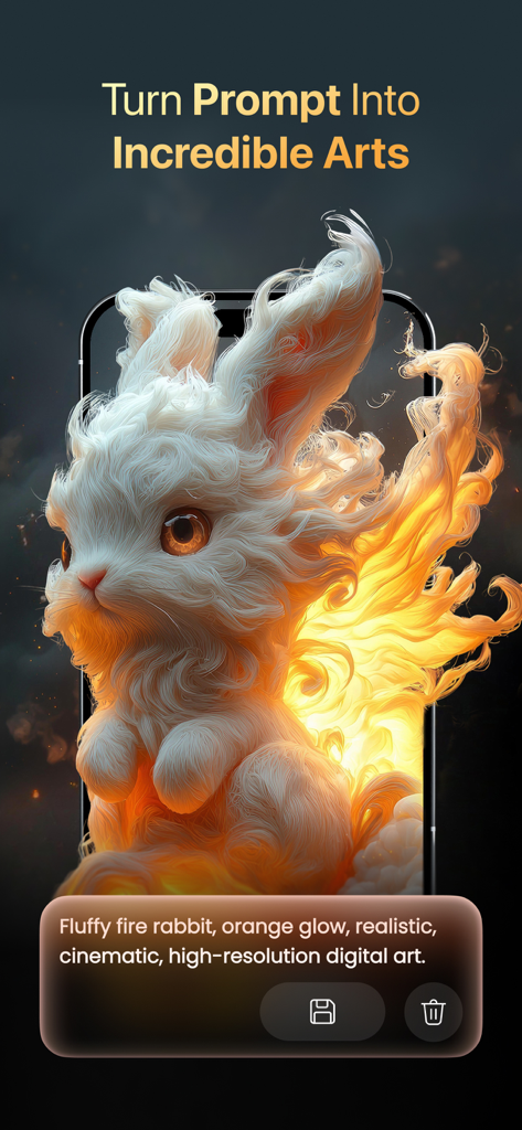 Dall E AI Art Generator app screen showing a fluffy fire rabbit generated from a text prompt.