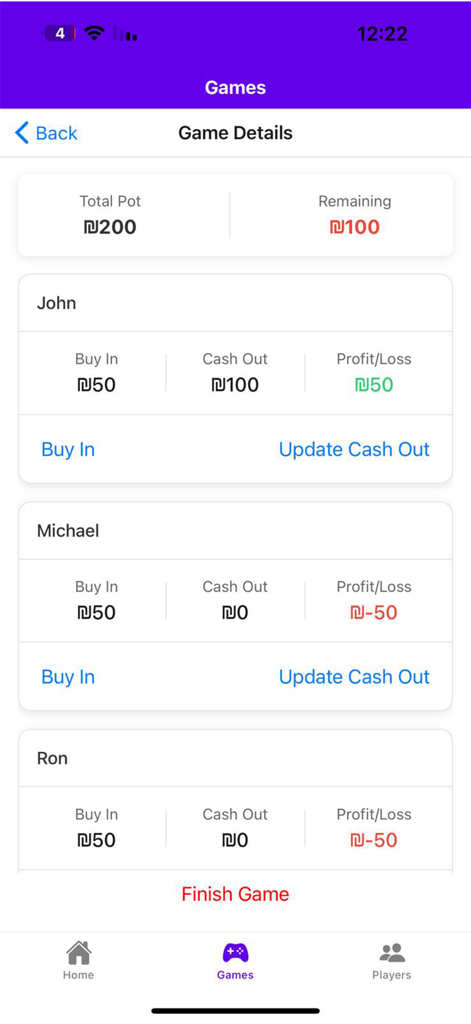 Poker Buy Manager - Tela de detalhes do jogo de poker mostrando compras de jogadores e rastreamento de lucros