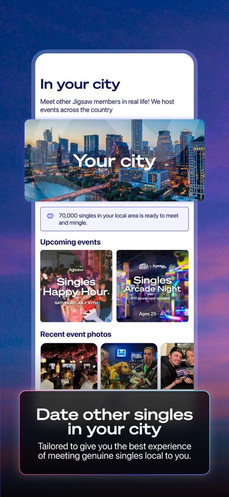 Jigsaw® Dating - Jigsaw 데이트 앱 화면에 예정된 지역 싱글 이벤트와 지난 이벤트 사진이 표시됩니다.