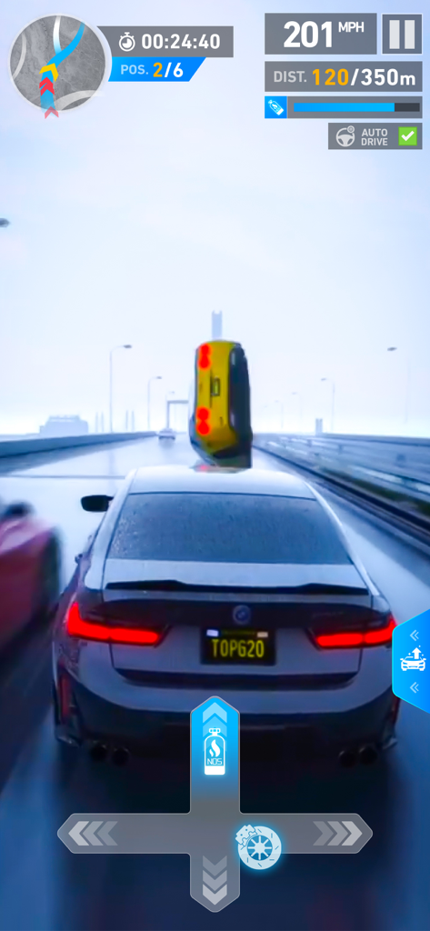 High speed car racing gameplay on a highway at 201 mph