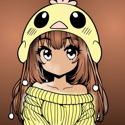 anime girl with chick shaped hat with sweater with bare shoulders with bangs covering them one eye with low tail