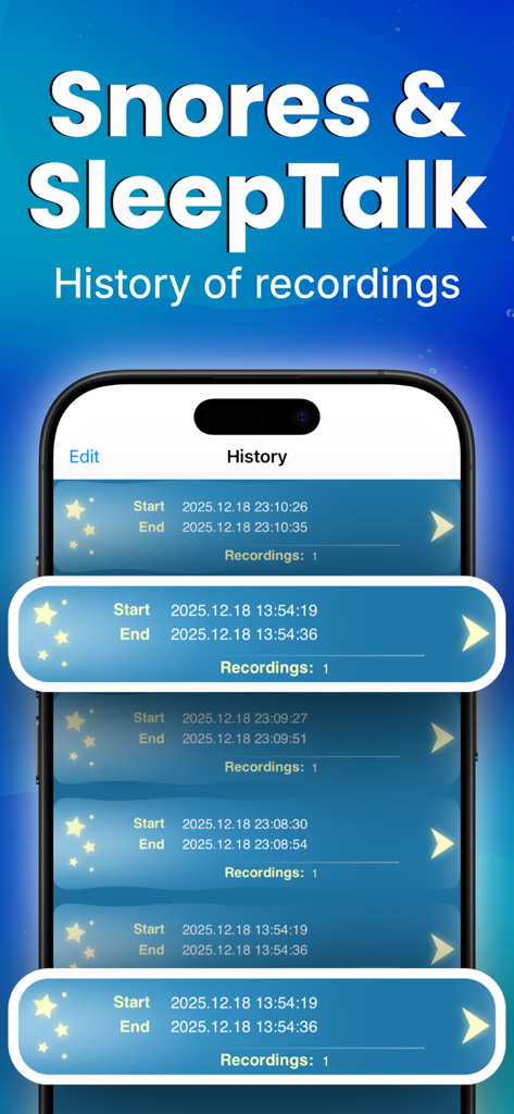 Un smartphone affichant une liste d'historique des sessions d'enregistrement de paroles de sommeil et de ronflements avec des horodatages.