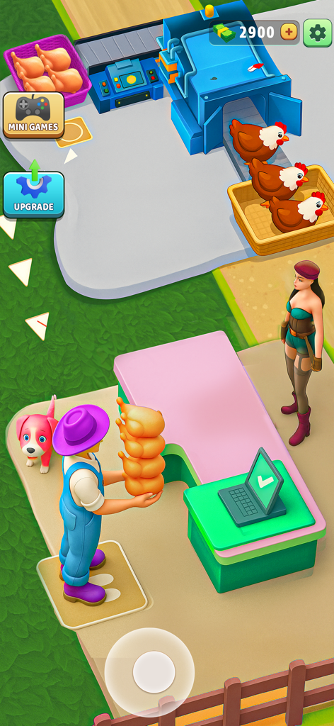 Farm Valley Farming Simulator - A farmer holding a stack of chickens to sell to a customer at a counter in the Farm Valley game