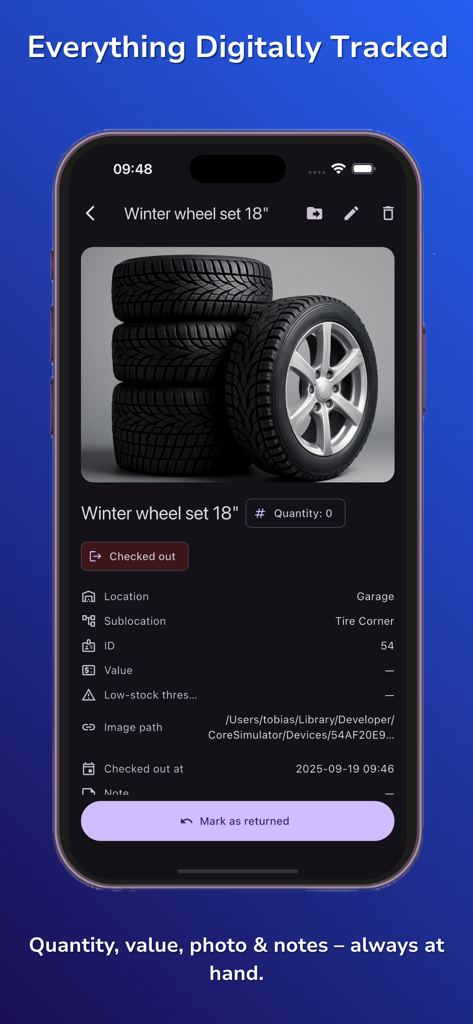 Mobile app screen showing detailed inventory tracking for a winter wheel set stored in a garage