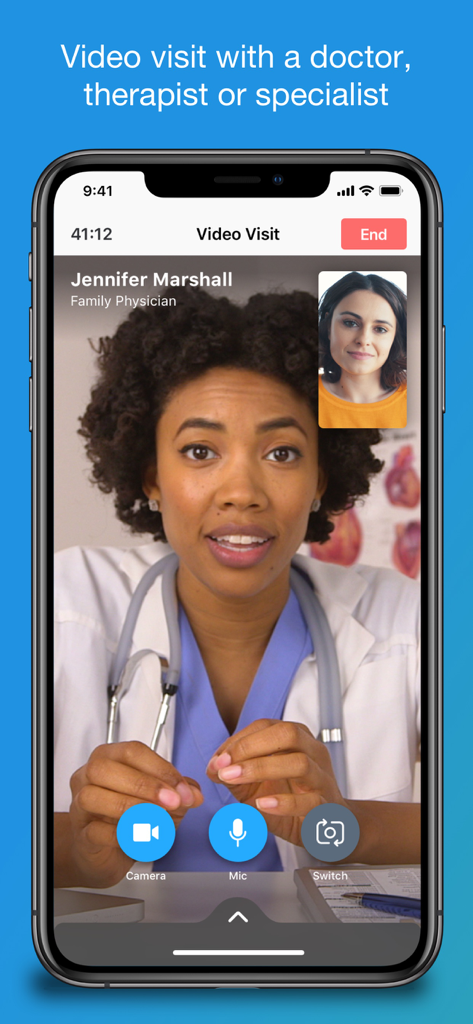 Amwell: Doctor Visits 24/7 - Screenshot of the Amwell app displaying a live video visit between a patient and a board-certified family physician.