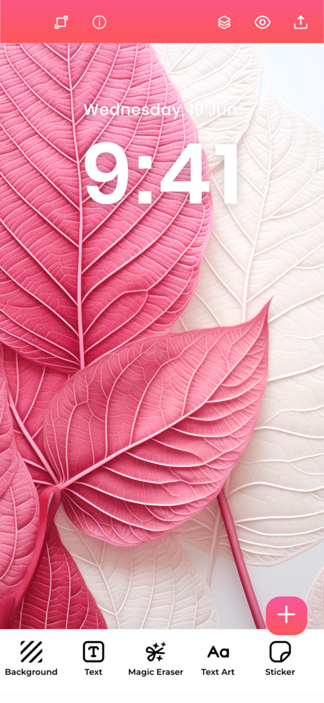 Graphic Design & Logo Creator. - ピンクの葉の背景とクリエイティブツールを備えた壁紙エディターを示すモバイルグラフィックデザインアプリのインターフェース