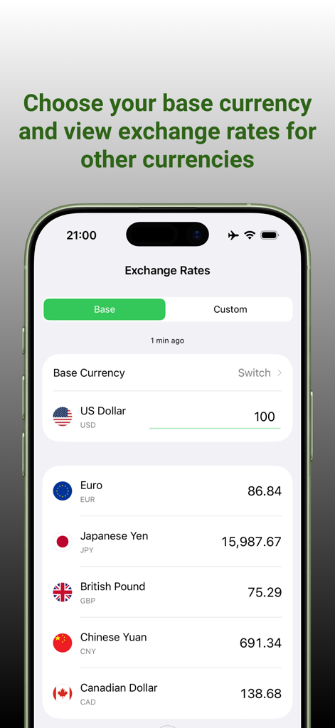 MyRate - Exchange Rates - MyRate app screen showing currency conversion from US Dollar base to multiple global currencies