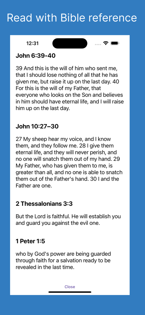 Knowing God - A mobile app screen displaying Bible verses from John, Thessalonians, and Peter under a header that says Read with Bible reference.