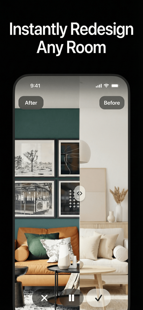 Bananai: AI Photo Editor - Comparaison avant/après d'un salon redessiné à l'aide de l'éditeur photo IA Bananai, montrant une transformation de couleurs neutres à audacieuses