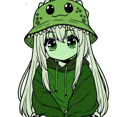 girl with anime shaped eyes with a dinosaur bucket hat oversized sweatshirt long straight hair