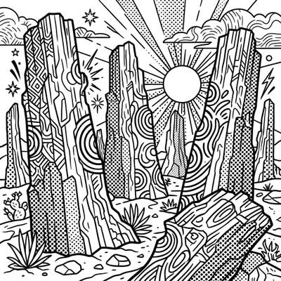 Step into a vibrant desert landscape with this unique Petrified Forest coloring page, re-imagined in an exciting Pop Art style. Featuring bold outlines and striking patterns, it's a creative adventure for all ages.