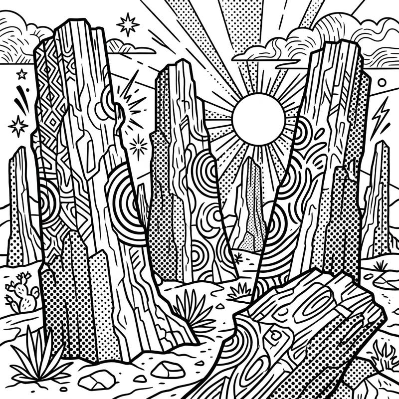 Step into a vibrant desert landscape with this unique Petrified Forest coloring page, re-imagined in an exciting Pop Art style. Featuring bold outlines and striking patterns, it's a creative adventure for all ages.
