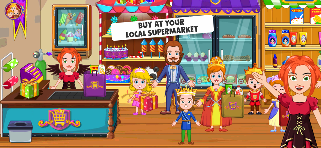 A royal family and characters shopping at the supermarket checkout in the My Little Princess Stores app.