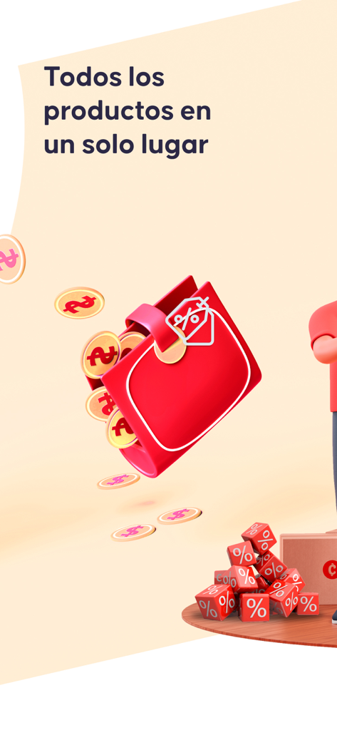 Chiper app promotional screen showing a red wallet with gold coins and discount symbols with Spanish text