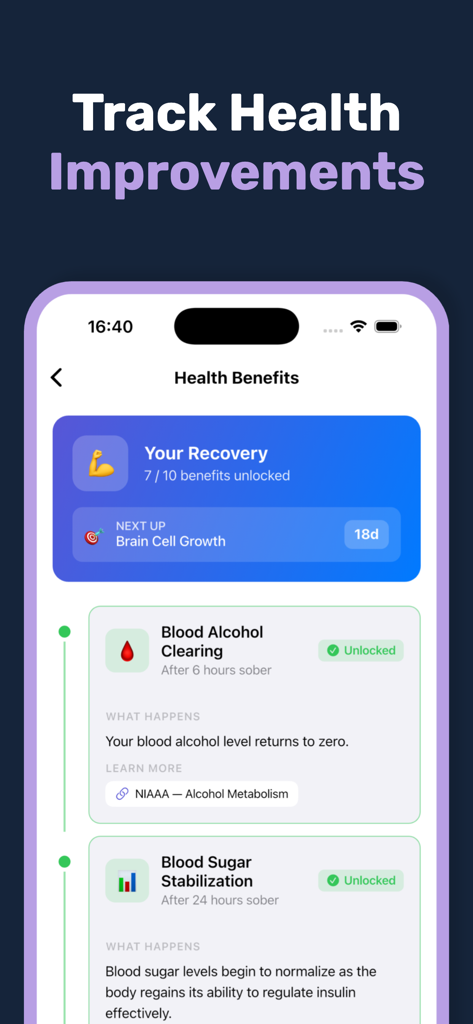 Sober Tracker: Quit Alcohol - Sober Tracker app showing a health recovery timeline with scientific benefits of quitting alcohol like blood alcohol clearing and blood sugar stabilization