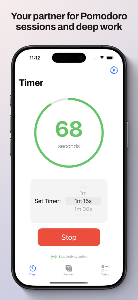 TaskFlux app interface showing a countdown timer with a circular progress bar for Pomodoro sessions on an iPhone screen.