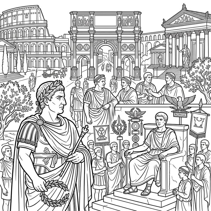 Unleash your creativity with this epic full scene coloring page, transporting you straight to ancient Rome. Immerse yourself in a world of powerful emperors, grand architecture, and bustling historical scenes.