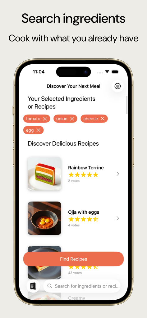 Foodix - Easy Recipes - Foodix app interface displaying recipe suggestions based on selected ingredients like tomato and cheese.