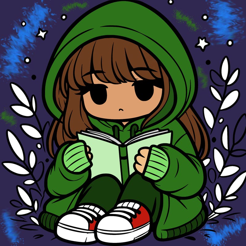 girl in oversized hoodie reading a book