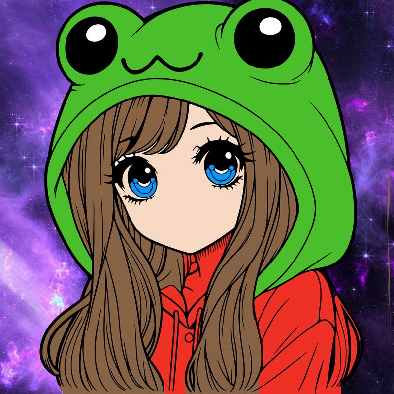 a pretty girl wearing a frog hoodie portrait with long hair