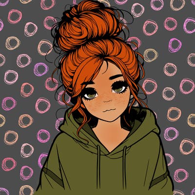 realistic girl with a massy bun and a hoodie