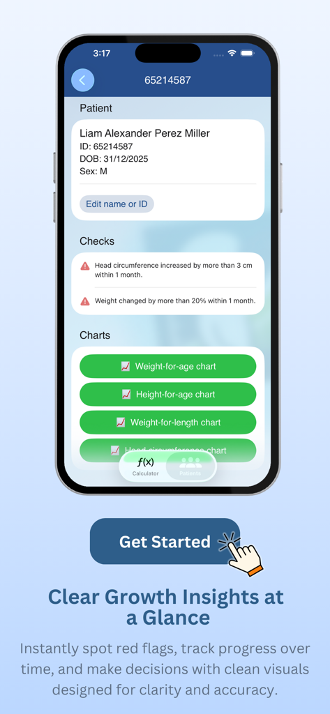 PediaMetrics: Pediatric Growth - PediaMetrics app interface displaying a patient profile clinical alerts and growth chart buttons