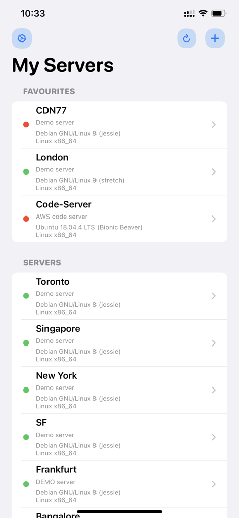 List of monitored servers in the Netdata app showing real-time status indicators and Linux system details