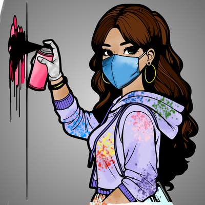 realistic girl with mask spray painting a wall