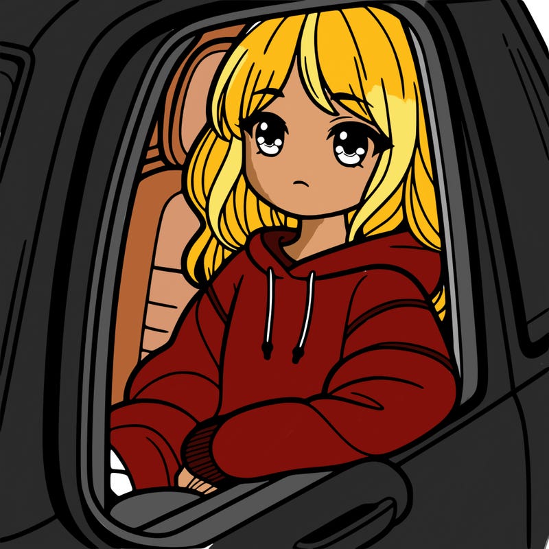 girl in a baggy jumper looking out of a car window