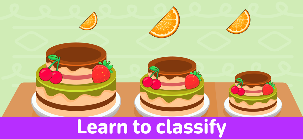 Kids games for toddlers 3 5 - Toddler educational game screen showing three cakes of different sizes for learning how to classify objects