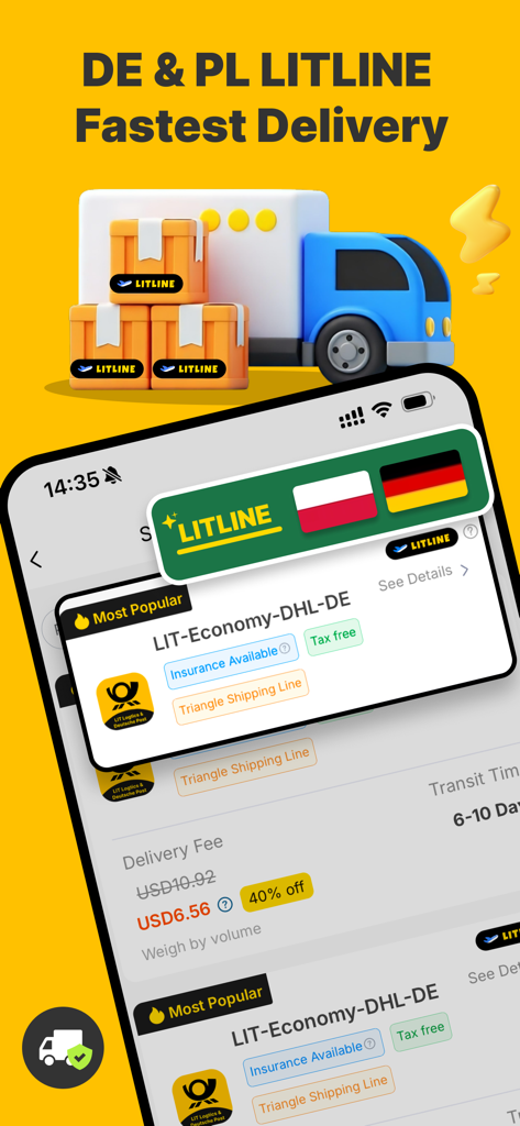LitBuy app screen showing fast delivery options for Germany and Poland with discounted shipping fees.