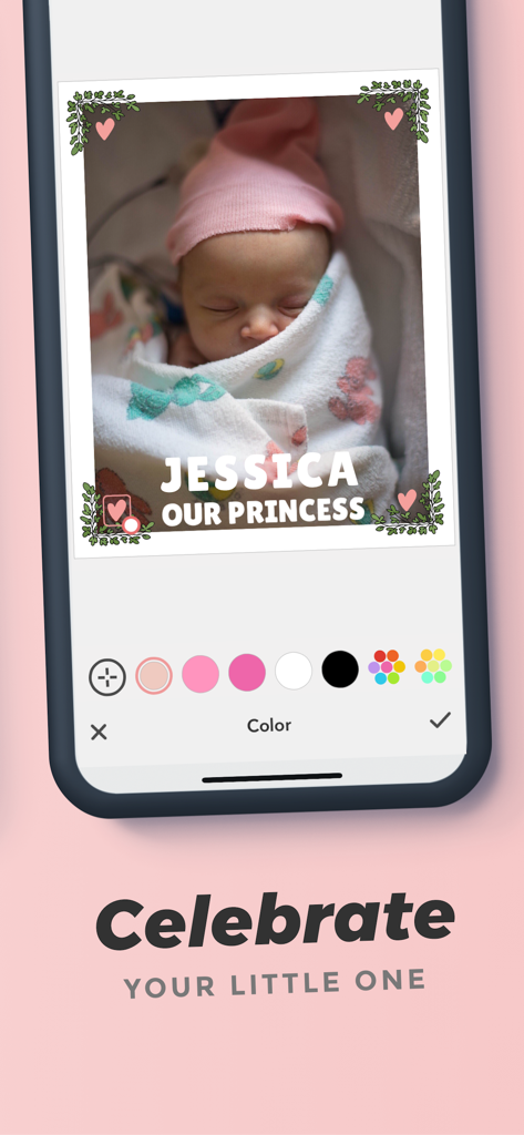 A baby photo being edited with custom text and stickers in the Adorable app interface