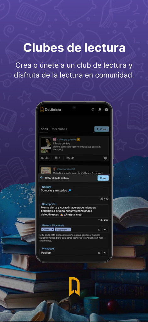 DeLibrista - Interface of the DeLibrista mobile app showing how to create and join Spanish language book clubs