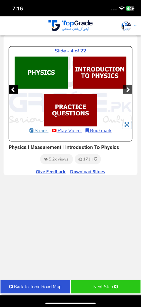 TopGrade.pk - TopGrade app screen showing a physics revision slide with practice questions and video links.