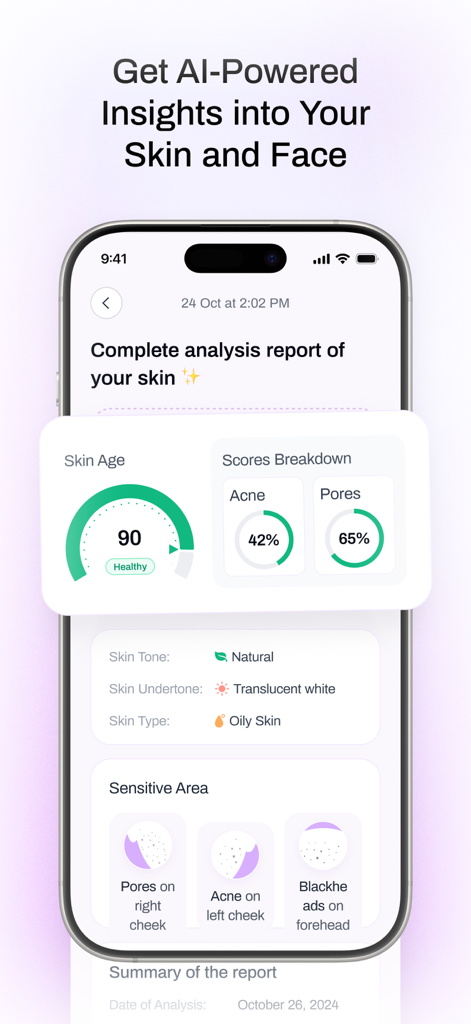 Glow - AI Beauty Coach - A detailed AI skin analysis report in the Glow app showing scores for skin age acne and pores