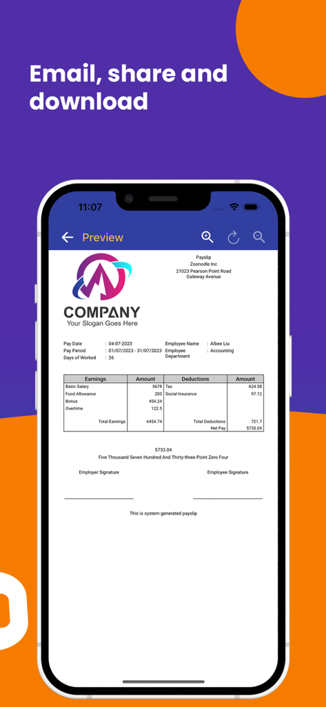 Auto Payslip Generator - Smartphone screen showing a professional digital payslip preview with earnings and deductions