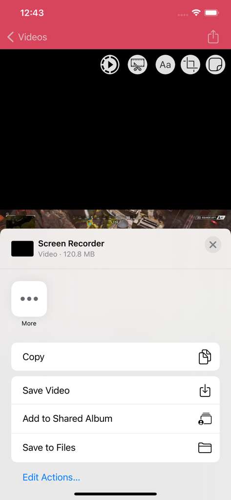 Screen Recorder,Screen Capture - Menu di condivisione iOS in un'app di screen recorder con opzioni per salvare video o copiare file