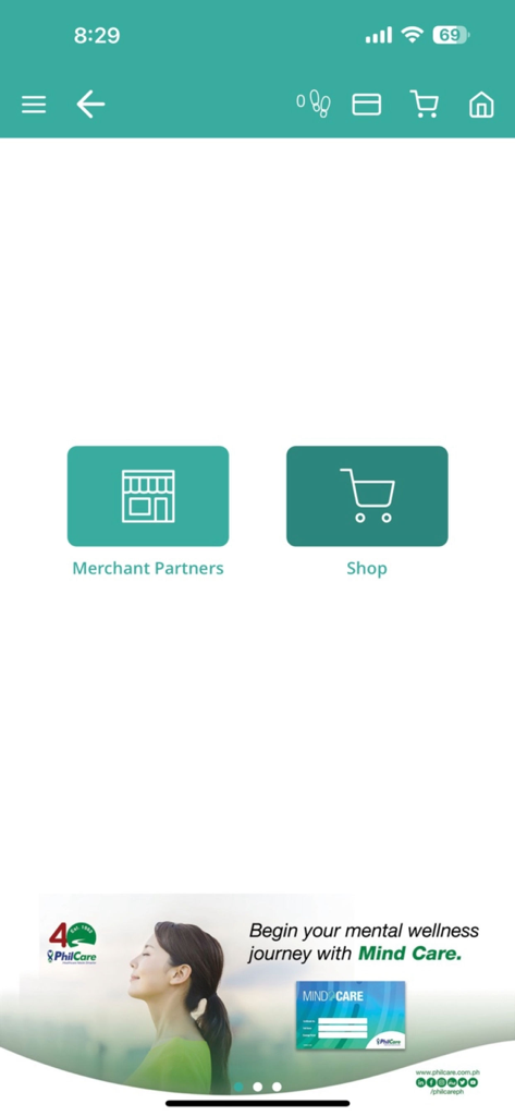 HeyPhil 2.0 app interface displaying options for Merchant Partners and Shop with a mental wellness banner