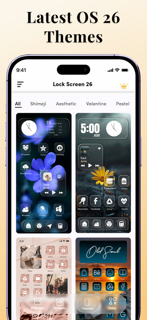 Lock Screen 26: Widgets & Icon - Lock Screen 26 app interface showing a variety of aesthetic home screen themes with custom icons and widgets for iPhone.