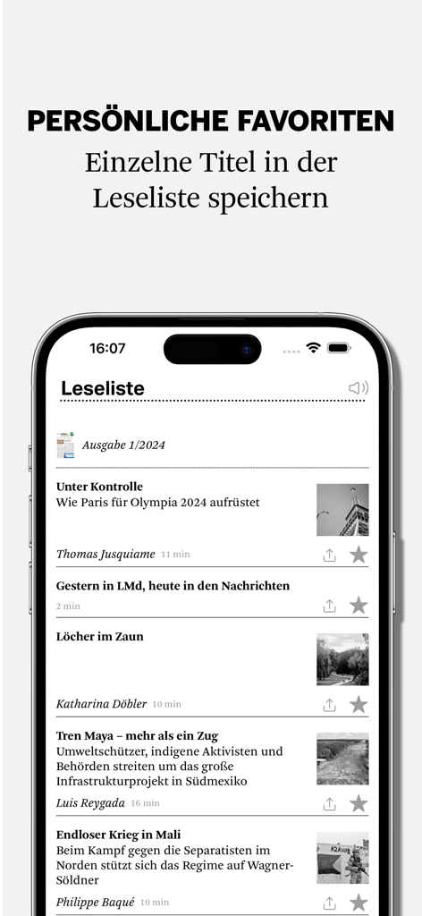 Le Monde diplomatique app interface showing a reading list of saved articles in German