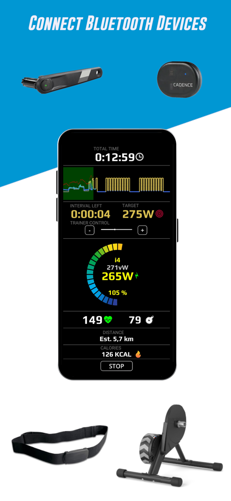 HR2VP Bike Training & Tracker - Smartphone app displaying cycling data and connecting to Bluetooth sensors like power meters and heart rate monitors.