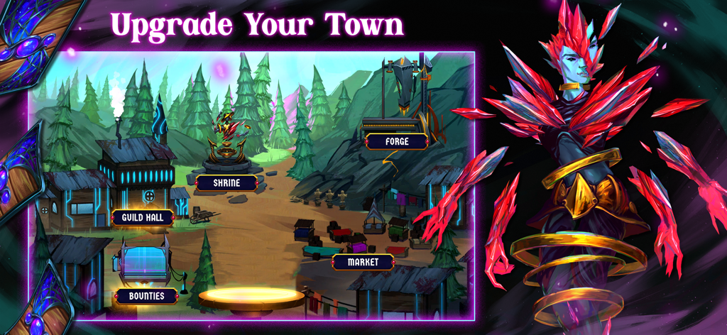 Breach Wanderers: Deckbuilder - A game screenshot showing the town upgrade menu with various buildings like the Forge and Market and a character in red crystal armor
