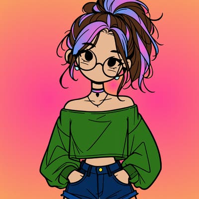 girl with a messy ponytail glasses a baggy crop top and jean shorts