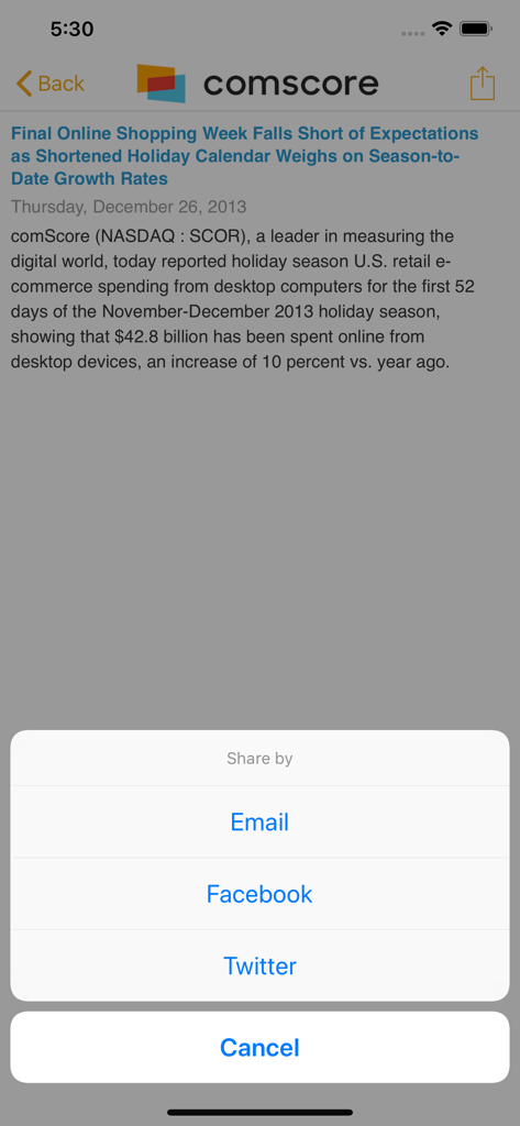 comScore News 앱 내의 뉴스 기사가 이메일, Facebook 및 Twitter 옵션이 있는 공유 메뉴를 보여주는 모습.